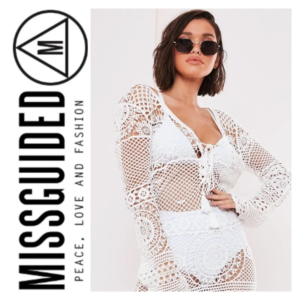 Missguided | Crochet Lace Up Mini Dress Coverup - Picture 2 of 16